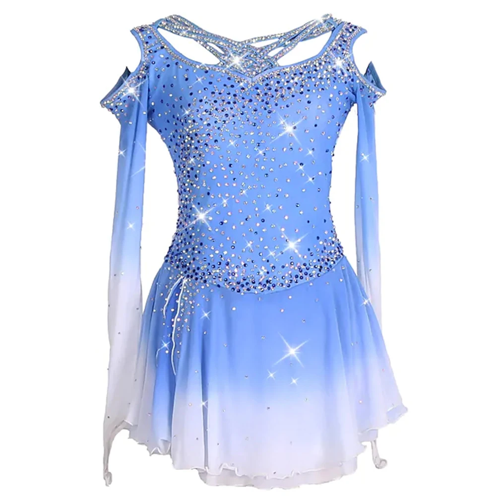 Ice Figure Skating Dress Girls Women Blue Gradient Ballroom Dance Skirt Kids Competition Rhythmic Gym Leotards Child