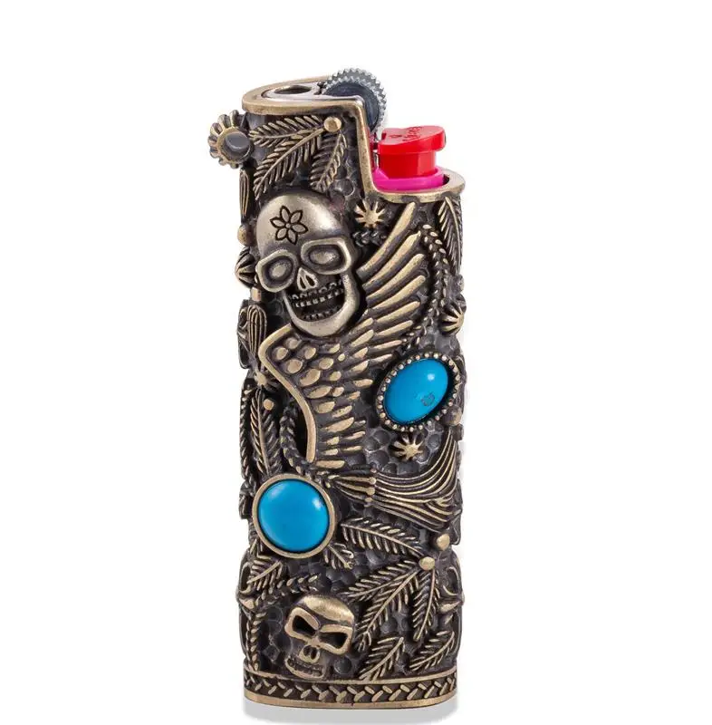 Metal Brass Snakeskin Skull Agate DecorationExplosion-Proof  Gas Lighter Cover Box For BICJ25 J5 J3