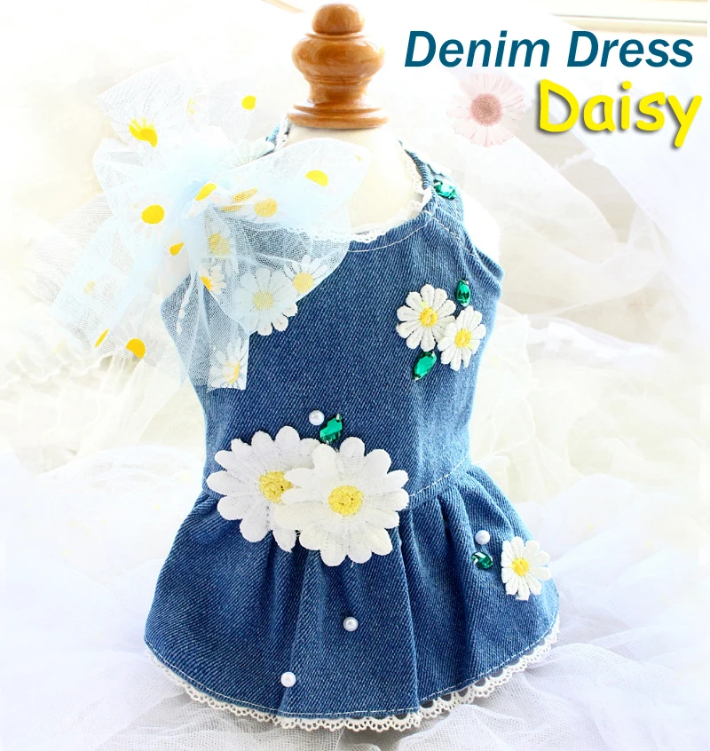 Handmade Denim Dog Clothes Pet Supplies Slip Dress Sweet Sunshine Little Daisy Jewel Accessories Poodle Maltese Yorkie One Piece