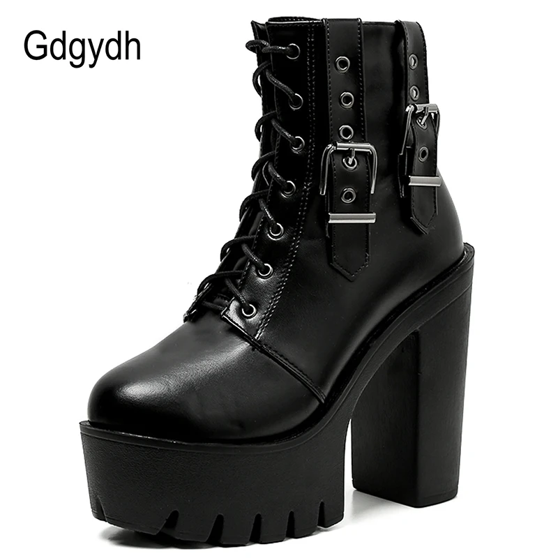 Gdgydh Goth Heeled Boots for Women Nightclub High Platform Heels Shoes Belt Buckle Korean Short Boots with Zipper