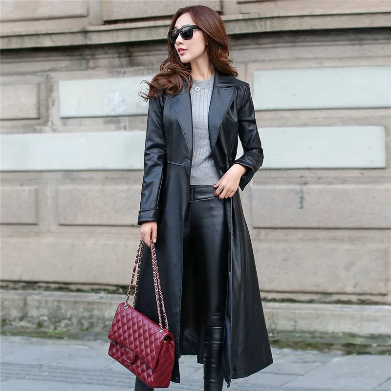 

Quality High Women 2023 PU Leather Jacket Slim Long Trench Coat Female Black WinterJackets Jaqueta Couro Feminina WXF263 Winters