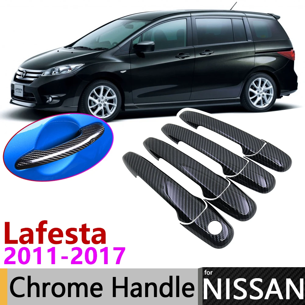 Black Carbon Fiber Door Handle Cover for Nissan Lafesta B35 Highway Star 2011~2017 2016 Car Accessories Stickers Trim Set Chrome