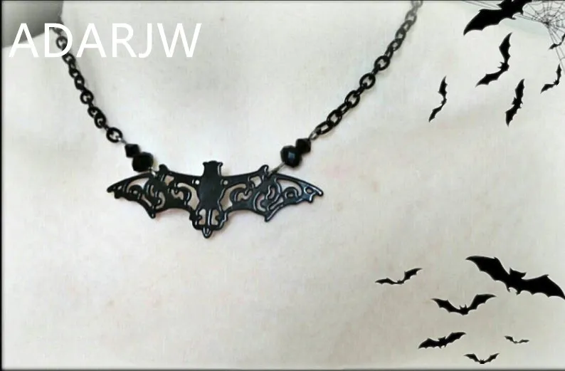 Gothic bat necklace black filigree black crystal darkness jewelry delicacy grace vampire Halloween fashion pendant women gift