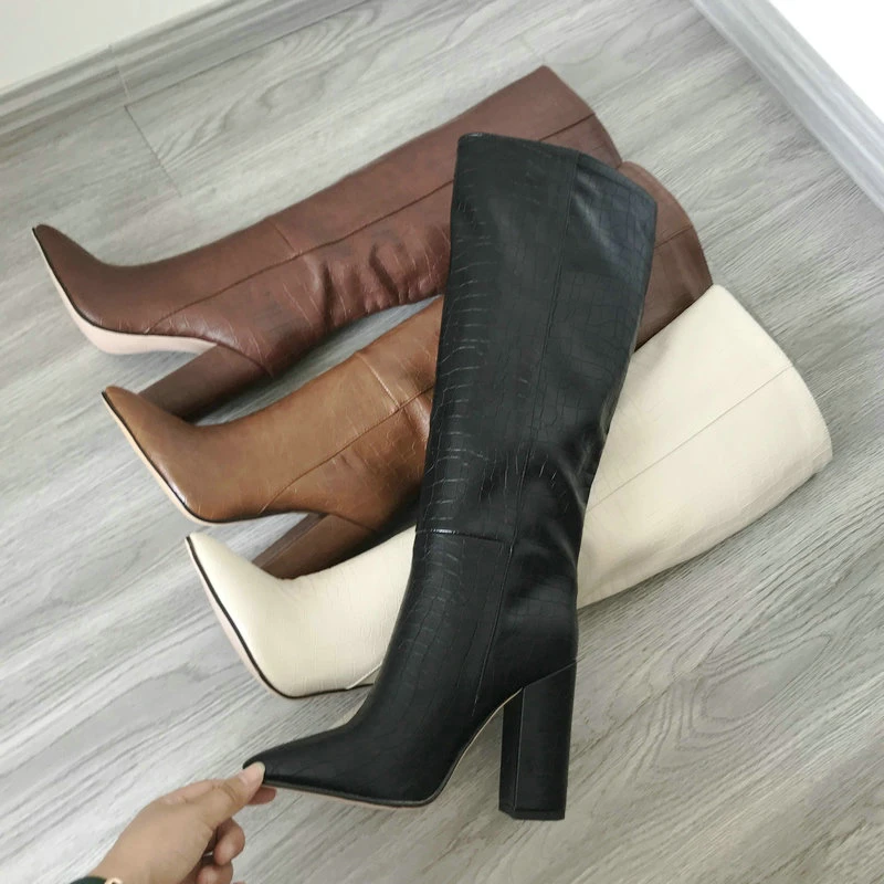 Band Designer Faux Leather Women Knee High Boots Pointed Toe Boots Women Long Chunky Block High Heel Boots Black Apricot Brown