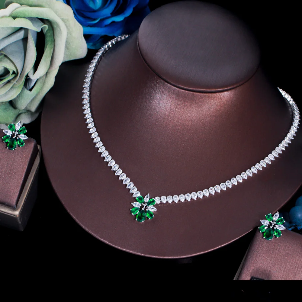 CWWZircons Glänzendes Gelbes CZ Damen Party Verlobungs- und Hochzeitsschmuckset mit Blumen-Halskette und Ohrringen, Brautjungfern-Geschenk, Großhandel T0792 – Detail 9
