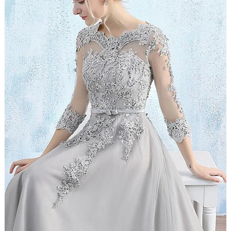 Silver Gray Mother of the Bride Dresses Three Quarters Sleeves Pleats Tulle with Applique Beads L&P DQL Studio