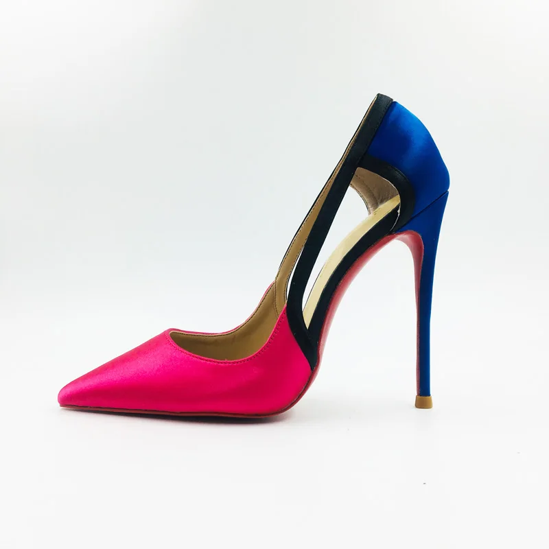 Size 34-45 Pink & Royal Blue Satin Hallow Stilettos Thin High Heels Women Dress Party Shoes