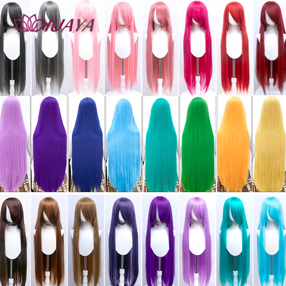 HUAYA-Perruque de Cosplay Synthétique Lisse et Longue de 100cm, Blonde, Verte, Jaune, Rose, Costume d\'Anime, pour Femme