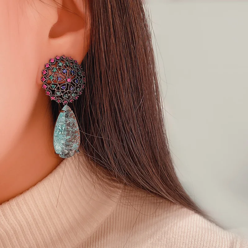 Bilincolor Fashion Blue Broken Cubic Zirconia Luxury Elegant Drop Bridal Earring for Women Vintgage Flower Wedding Jewelry