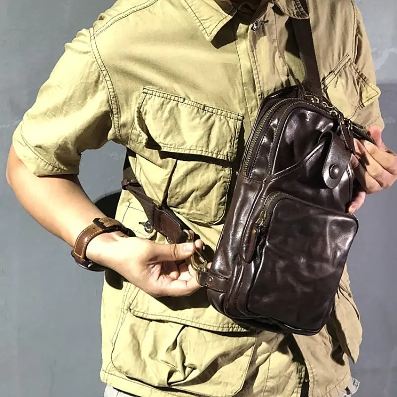 Original Handmade Retro Casual First Layer Oil Wax Cowhide Brass Buckle Chest Bag Leather Multifunctional Unisex Chest Bag