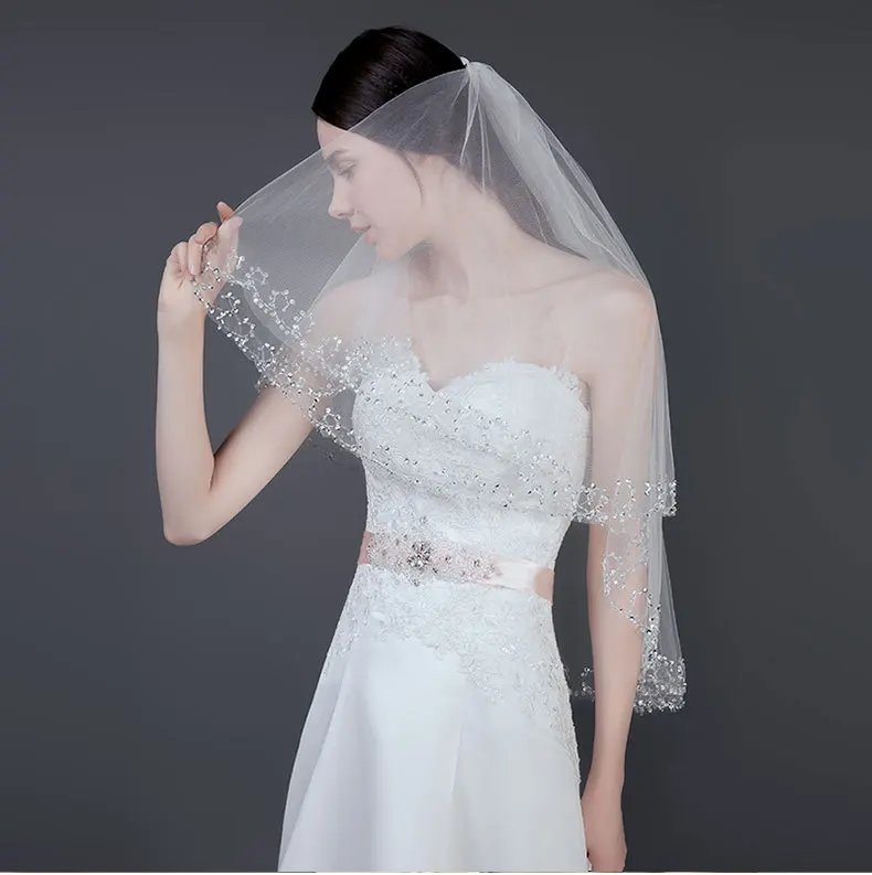 Voile de mariée court en Tulle blanc, ivoire, avec perles, accessoires de fête de mariage, bon marché, à la mode, 2021