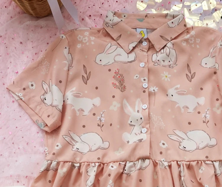 Soft Girl Kawaii Bunny Pink Dress Teens Green 2022 Summer Vintage Cute Rabbit Women Casual Chiffon Short Sleeve Shirt Dresses