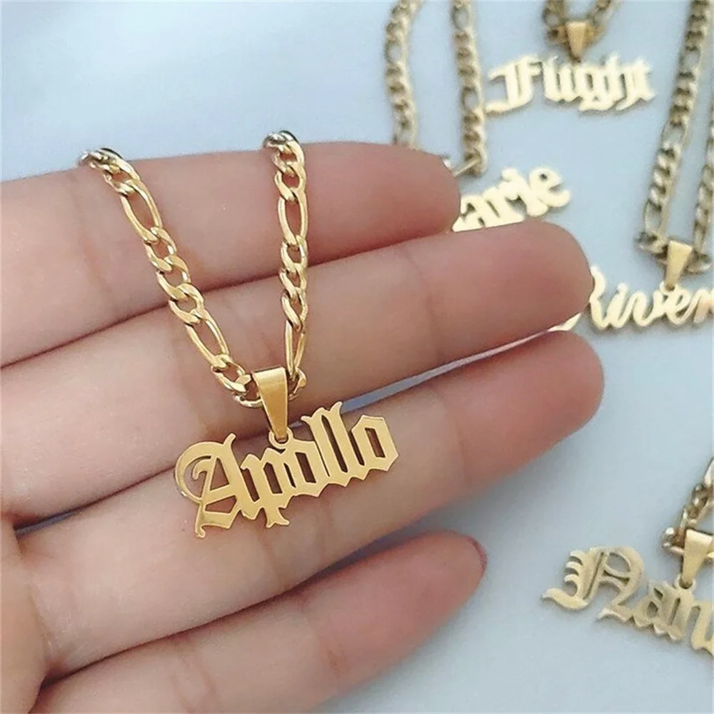 Customized Old English Name Pendant Figaro Chain Necklace Fashion Stainless Steel Women\'s Jewelry Gift