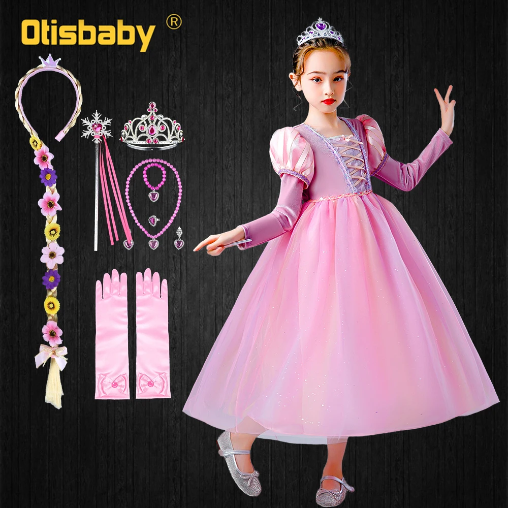 

2024 New Princess Girls Rapunzel Dress Spring Autumn Long Sleeve Pink Dresses Kids Fancy Tangled Costume Children Birthday Dress