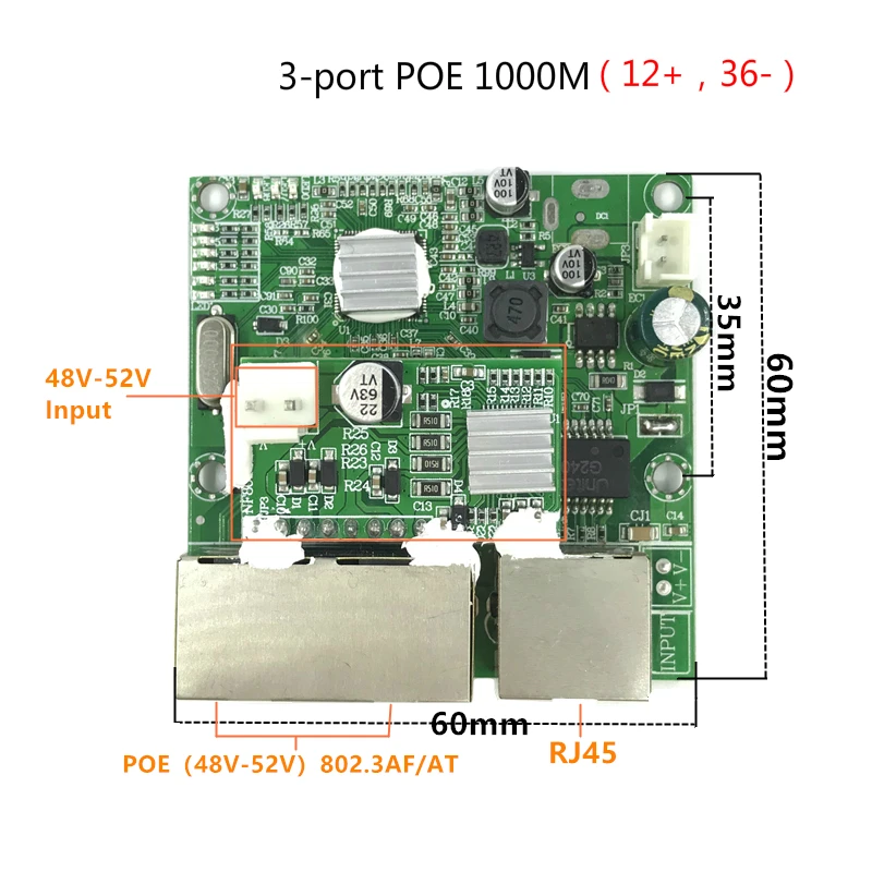 Módulo de interruptor de 3 puertos Gigabit poe, 48V, 2a, 96w-144w, 3 puertos, 10/100/1000M, mini Módulo de interruptor, placa base PCBA, RJ45, POE