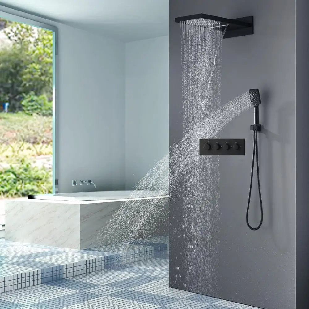 Black Shower Set Rain Waterfall ShowerHead Panel Thermostatic Mixer Valve With Handheld System Bathroom Rainfall Faucets