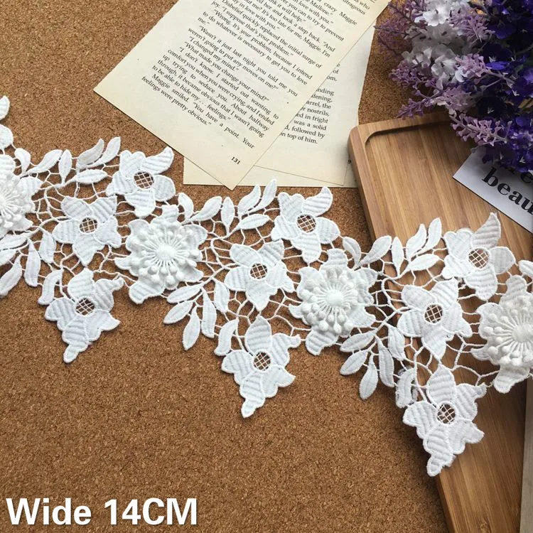 14CM Wide Exquisite White Cotton Hollow Embroidery 3d Flowers Fabric Lace Appliques Wedding Dress Apparel DIY Sewing Supplies