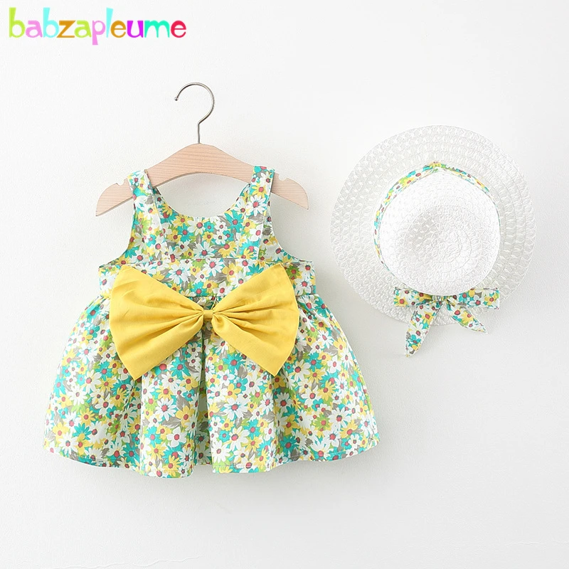 Summer Newborn Baby Girls Clothes Fashion Cute Flowers Big Bow Sleeveless Beach Princess Dress+Sunhat Toddler Dresses BC2074-1