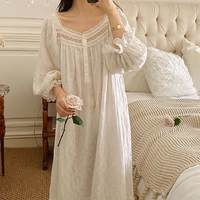 Vintage miękkie bawełniane długie koszule nocne dla kobiet z długim rękawem eleganckie koszule nocne wygodna luźna sukienka wieczorowa