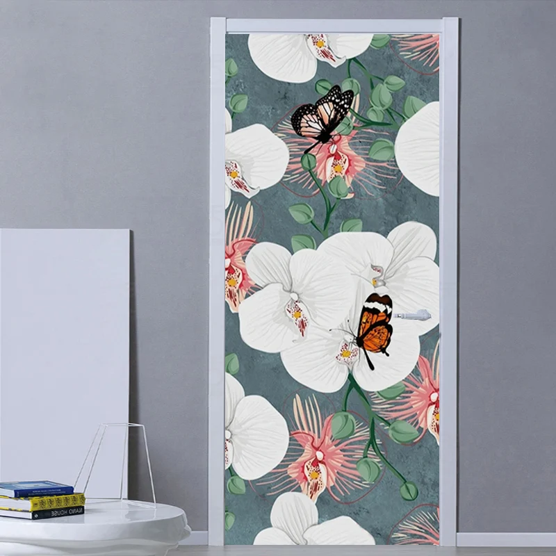 

European Style 3D Flowers Butterfly Green Door Sticker for Bathroom PVC Waterproof Self-adhesive Photo Mural Wall Decoration