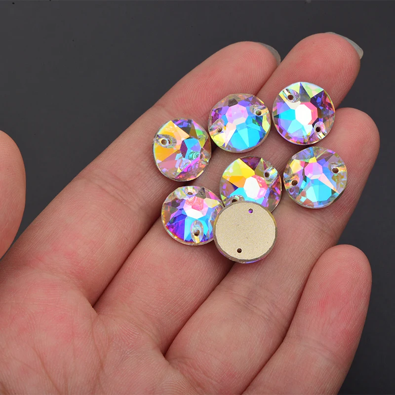 JUNAO 8mm 10mm 12mm Sewing K9 Glass Crystal AB Rhinestone Flatback Round Strass Diamond Sewn Crystal Stones for DIY Clothes