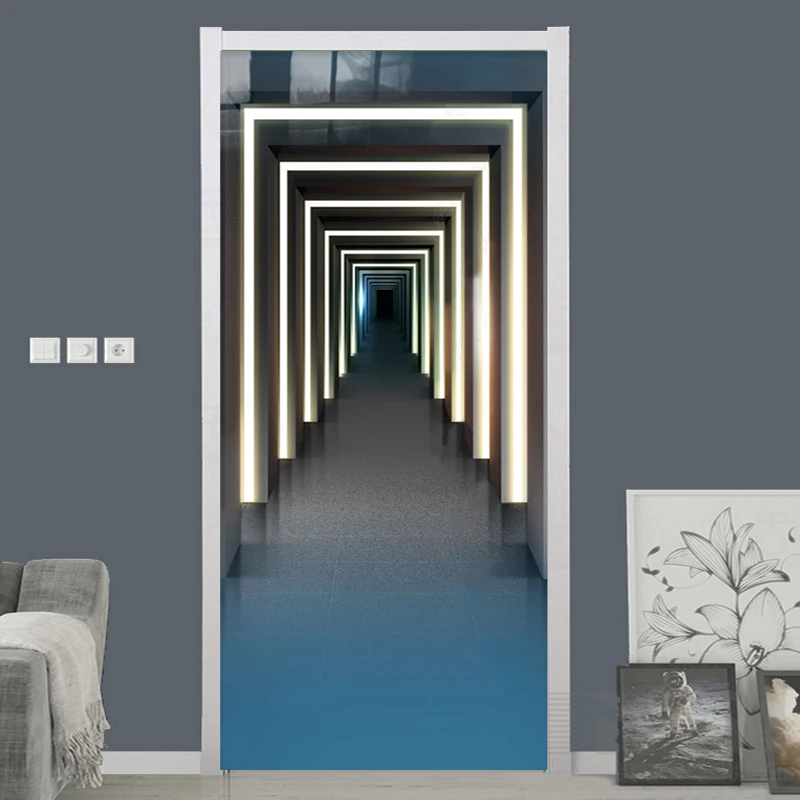 Photo Wallpaper Nordic 3D Stereo Abstract Corridor Art Light Door Sticker PVC Self-Adhesive Waterproof Door Decal 3D Home Decor