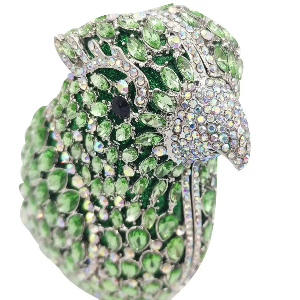 Boutique De FGG Green with Iridescent Parrot Clutch Purses Women Crysal Evening Bags Party Cocktail Rhinestones Handbags