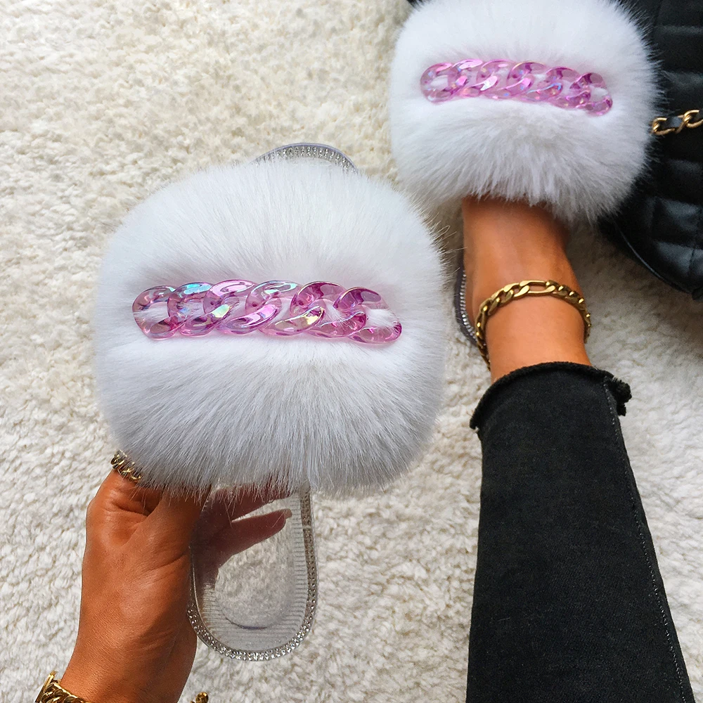 Fluffy Slippers Fur Slides Candy Color Transparent Chain Flip Flops Crystal Flat Slippers Women Sandals Summer 2021 Female Shoes