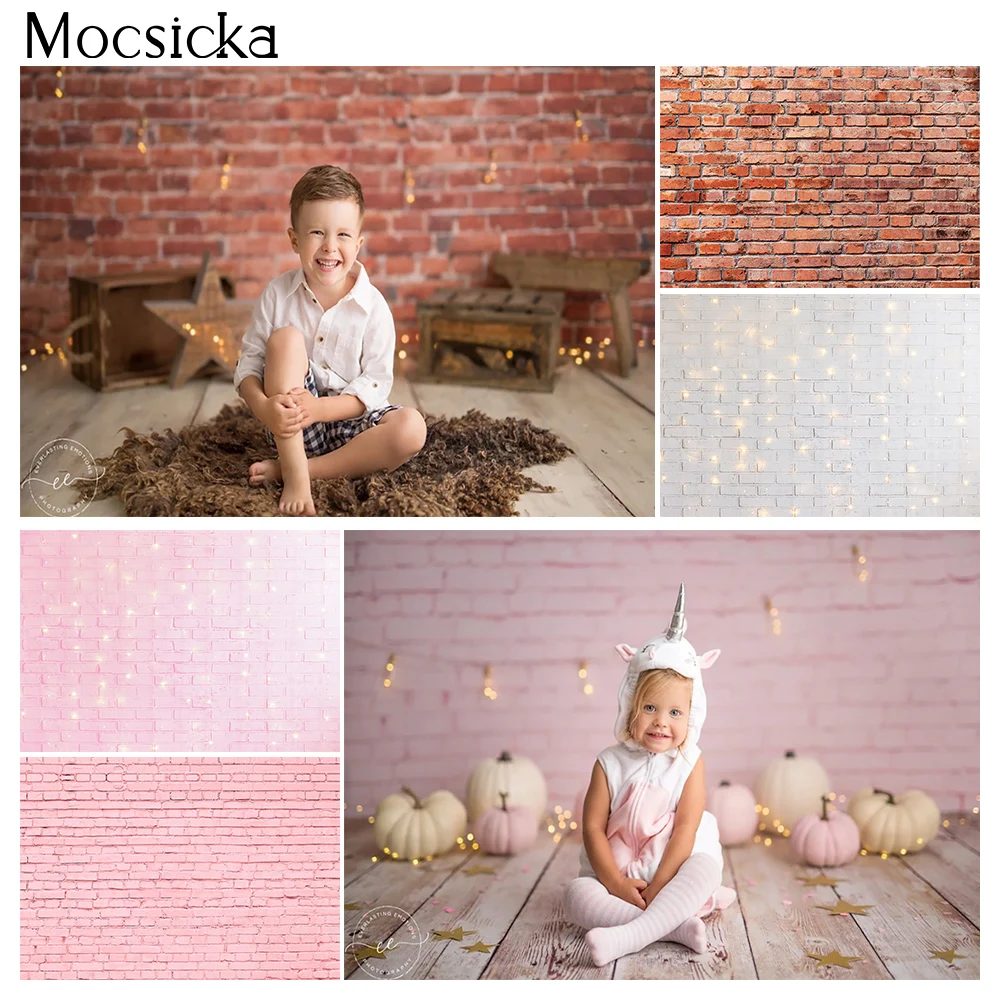 

Mocsicka Brick Wall Backdrop Photography Pink White Floor Newborn Kids Baby Portrait Birthday Background Decoration Props Studio