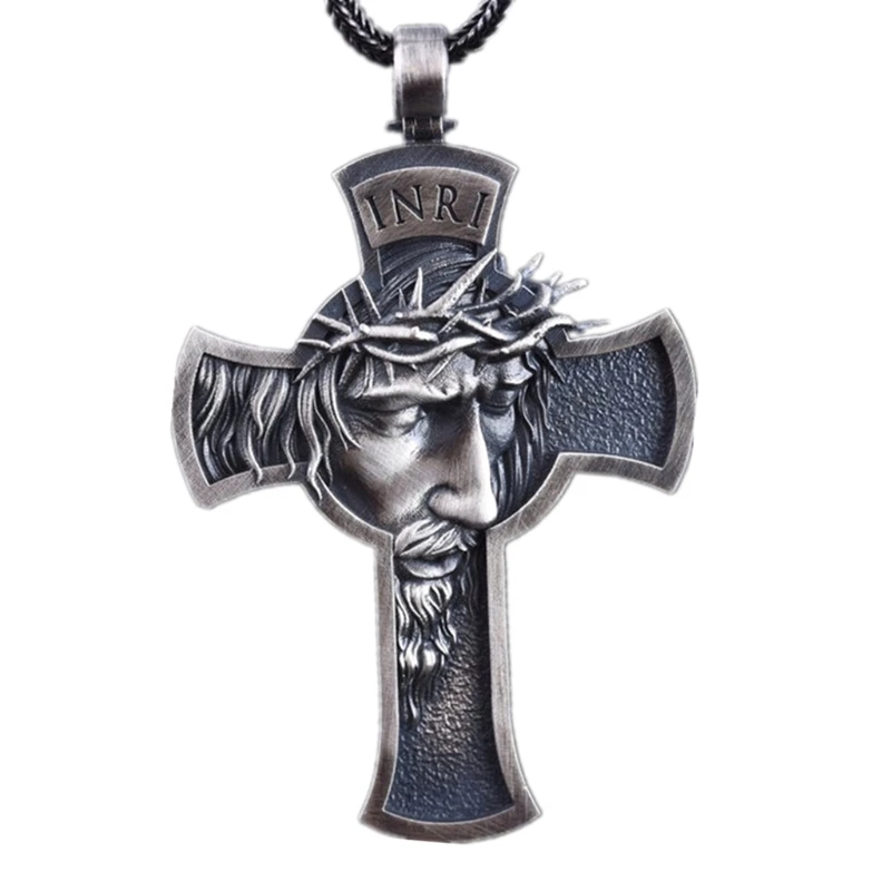 H9EC Kalung Liontin Logam Salib Yesus Kristus Retro Rantai Religius
