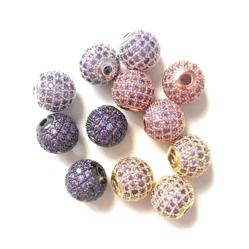 10pcs/lot 10mm Purple Cubic Zirconia Pave Copper Ball Spacer Beads for Women Bracelet Necklace Making Handmade Jewelry Accessory