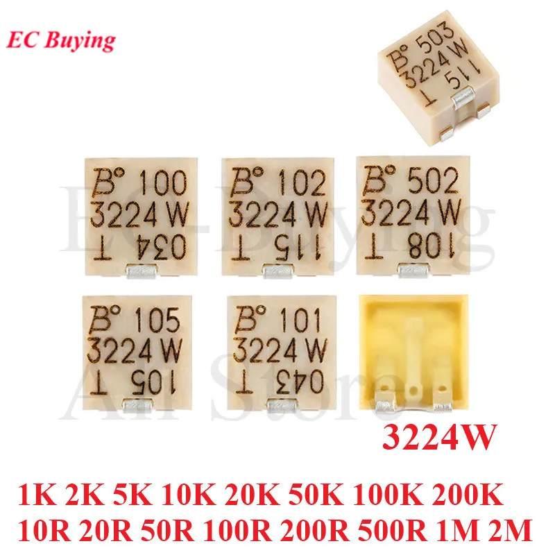 5pcs 3224 3224W SMD Trimmer Precision Potentiometer Adjustable 100R 200R 500R 1K 2K 5K 10K 20K 50K 100K 200K 1M 2M Ohm Trimpo