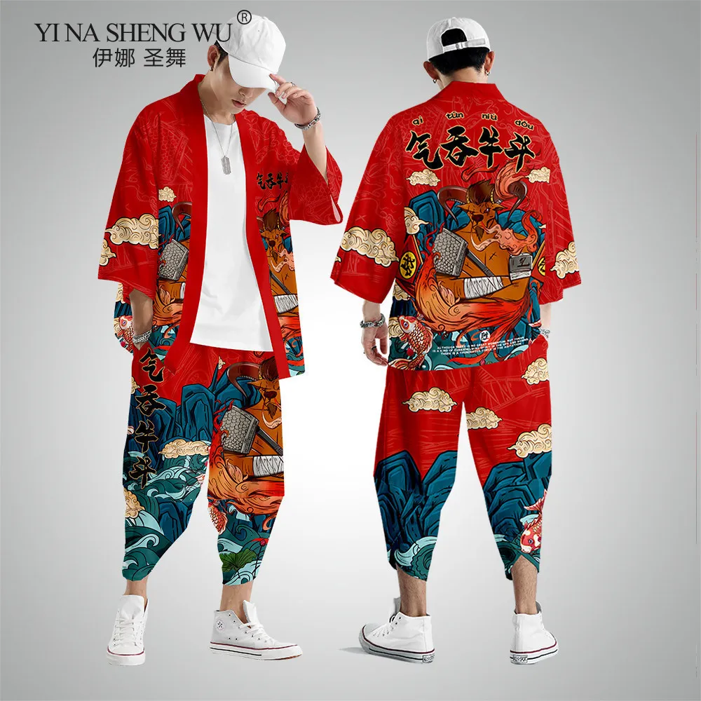 

Two-piece Suit Plus Size XS-6XL Loose Japanese Cardigan Women Men Cosplay Yukata Clothing Harajuku Samurai Kimono + Pants Sets