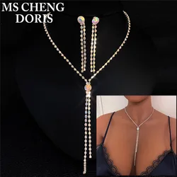 Free Shipping AB Rhinestone Bridal Jewelry Set Wedding Prom Party Accessories Long Tassel Necklace Earring Set For Brides