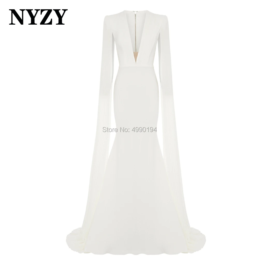 Elegante pliegues de raso con cuello en V cabo mangas vestido de noche blanco 2020 NYZY E296 vestido de fiesta traje fiesta Dubai vestidos de fiesta