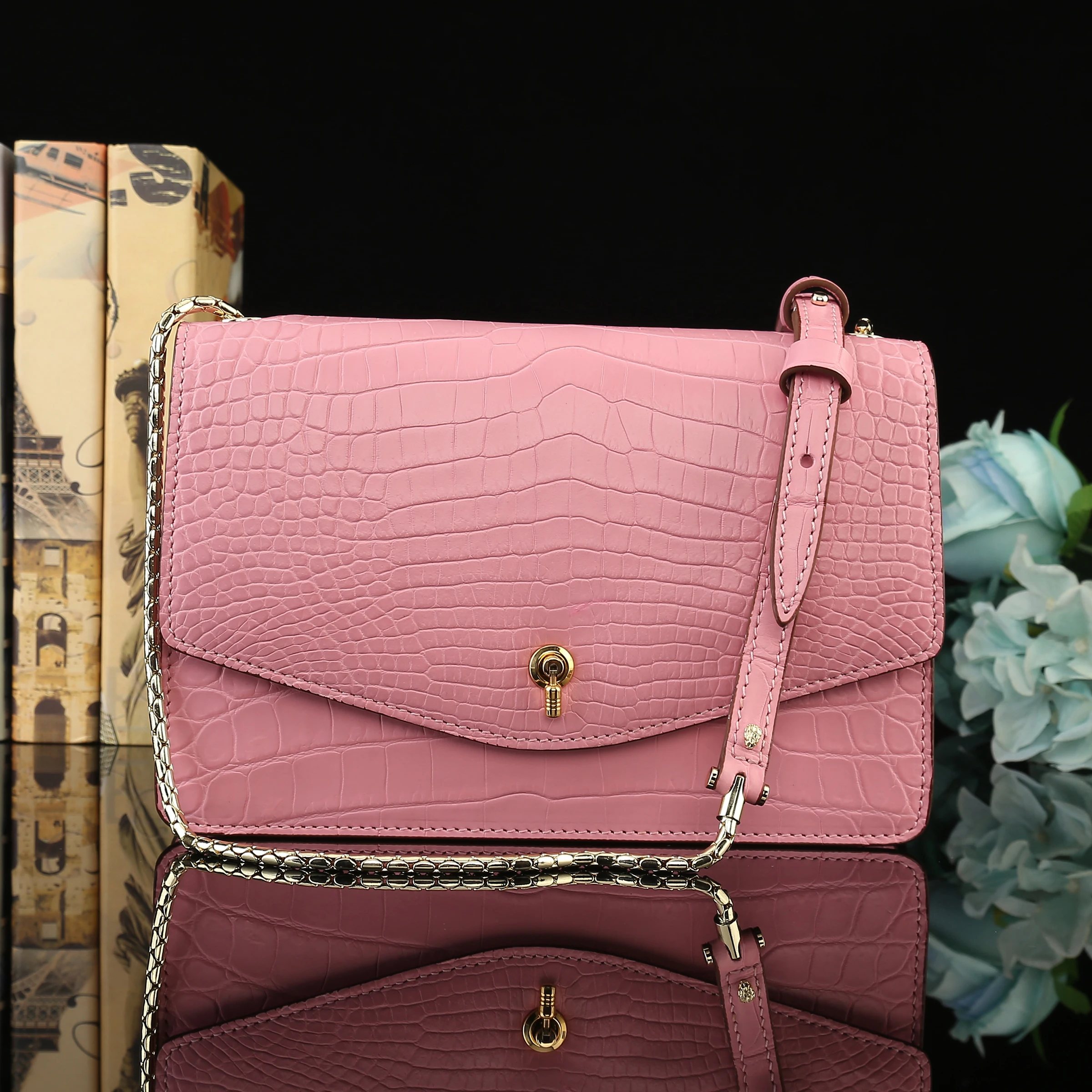 2019 latest Top quality genuine crocodile skin women shoulder cross body bag with cow skin lining stainless steel hardware pink