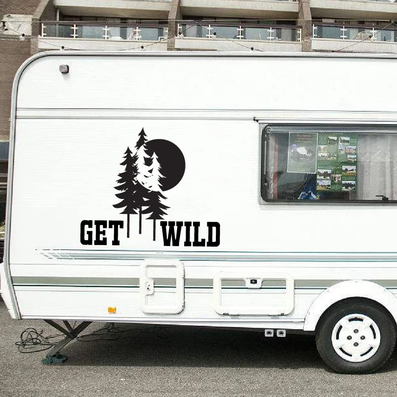 Get Wild Adventure Quote Vinyl Sticker For SUV RV Camper Car Decor, Trees Forest Laptop Decals for MacBook Air/ Pro Decoration