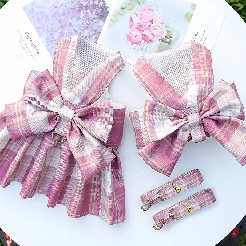 Gitter Hund Kleid Harness Und Leine Set Schöne Pet Hund Kleidung Für Kleine Hunde Chihuahua Rock Französisch Bulldog Welpen Kleid kragen – Detail 16