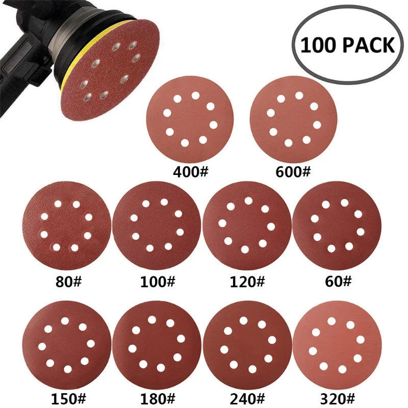 100pcs 125mm Round Shape Sanding Discs Hook Loop Sanding Paper Buffing Sheet Sandpaper 8 Hole Sander Polishing Pad Sandpaper