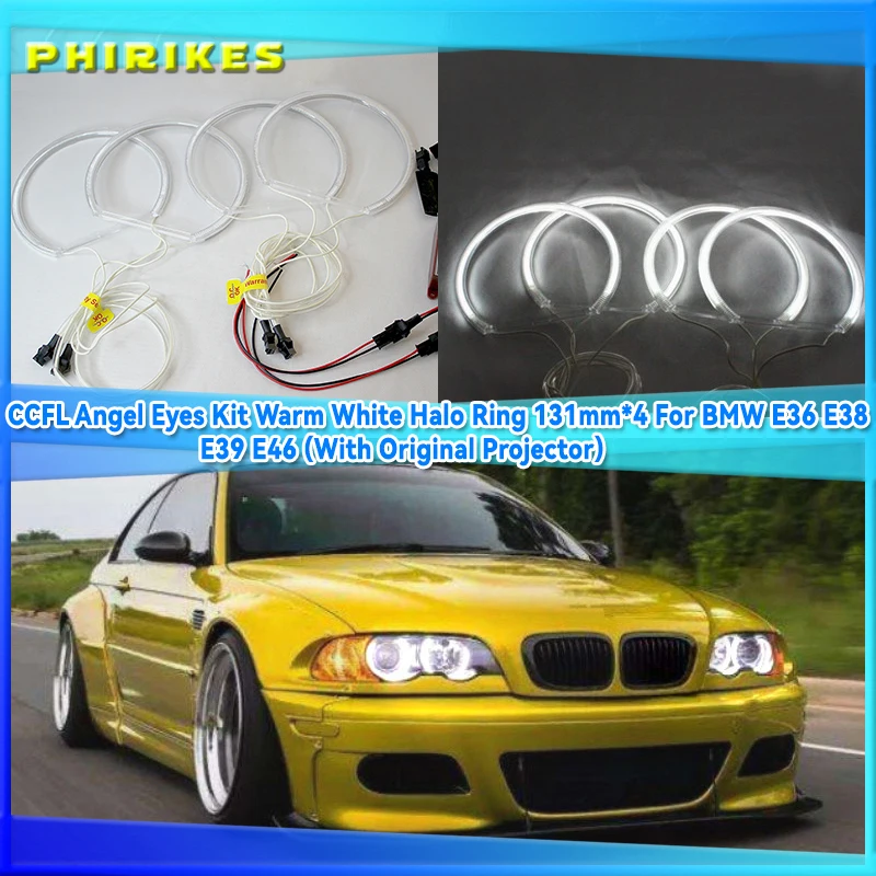 CCFL Đôi Mắt Thiên Thần Bộ Trắng Ấm Halo Ring 131Mm * 4 Cho Xe BMW E36 E38 E39 E46 (Với ban Đầu Máy Chiếu)