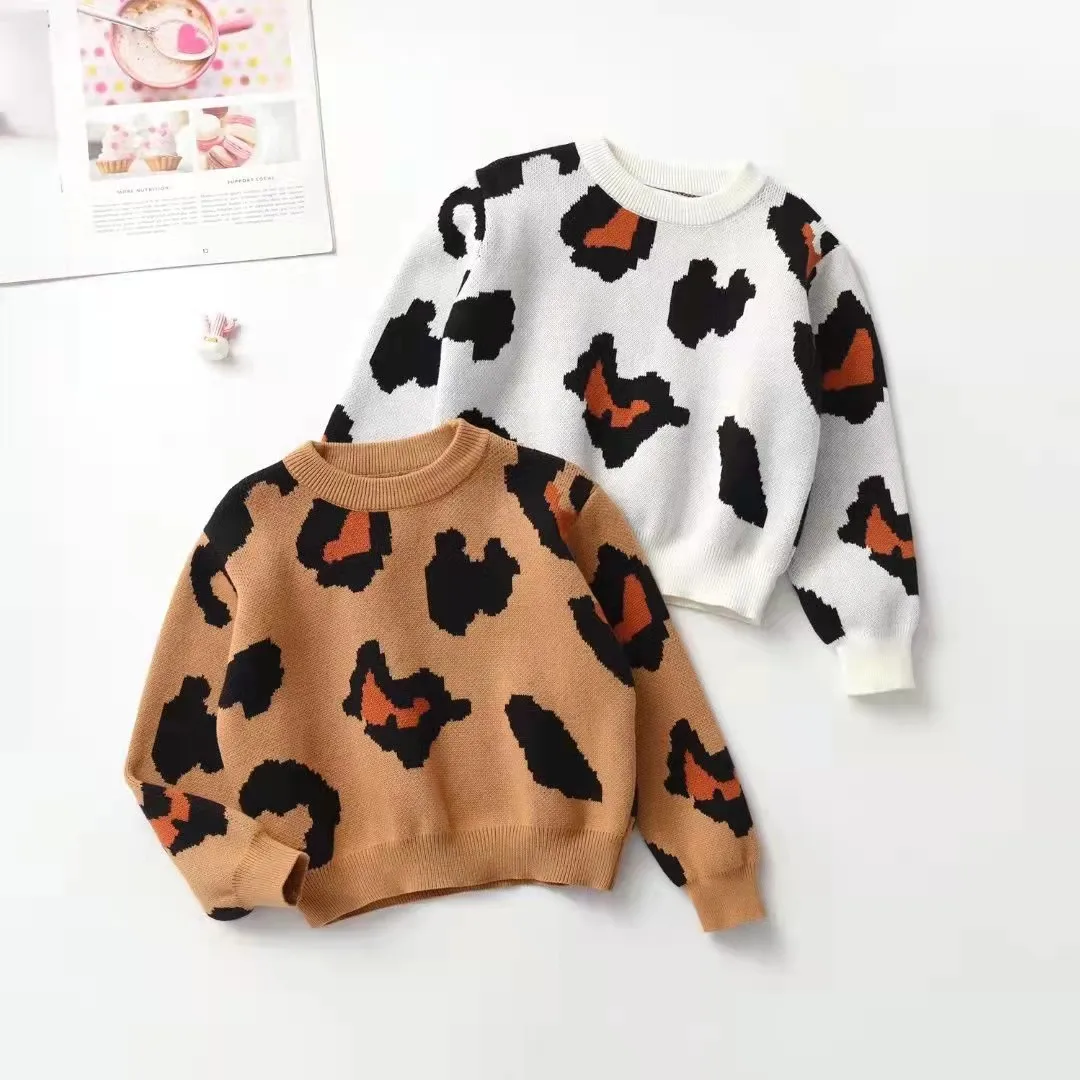 

2022 Autumn Winter Girls Pullover Cotton Leopard Sweater Kids Knit Jumper Children Soft Clothes Boys Tops Outfit