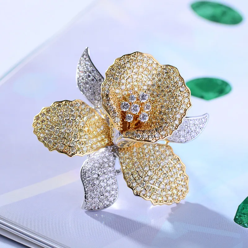 OKILY Luxurious Cubic Zirconia Orchid Flower Brooch Pin Delicate Rhinestone Floral Pins and Brooches for Women Valentine\'s Gift