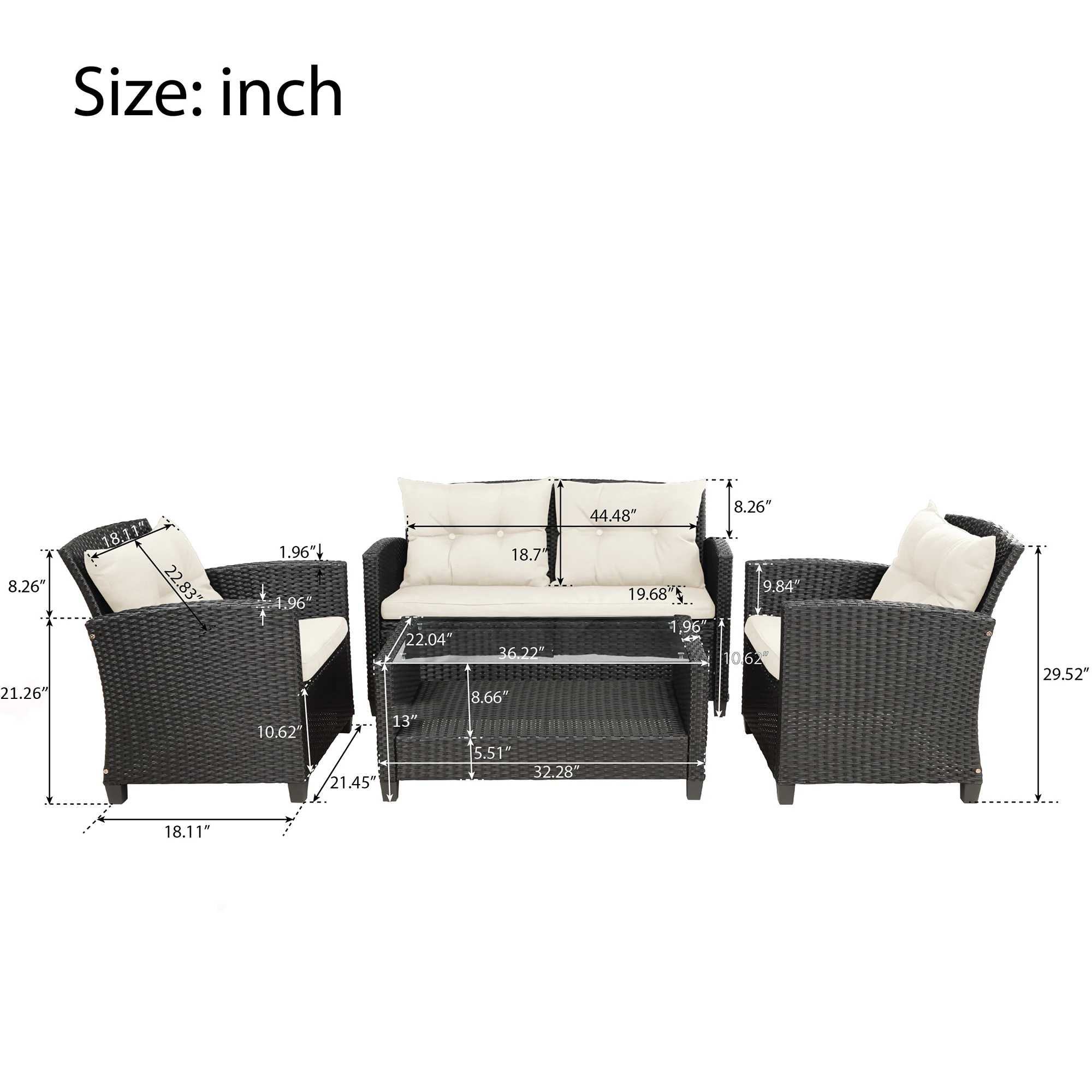 Patio Furniture Rattan Conversation 4Pcs Set Outdoor Chair&Sofa for Lawn&Garden w/ Beige Cushions&Storage Table[US-Depot]