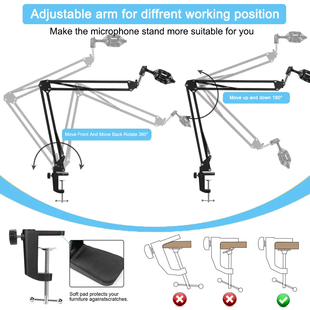 Microphone Arm Stand For Blue Yeti Samson Bm 800 Pantograph For Mic Bracket With Pop Filter Shock Mount And Phone Holder Clamp