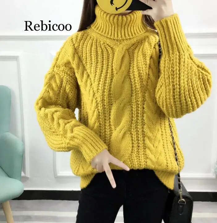 

In stock Women Winter Sweaters and Pullovers Turtleneck Sweater Loose Thicken Warm Twist Knitted Sweater pullover Pull Femme