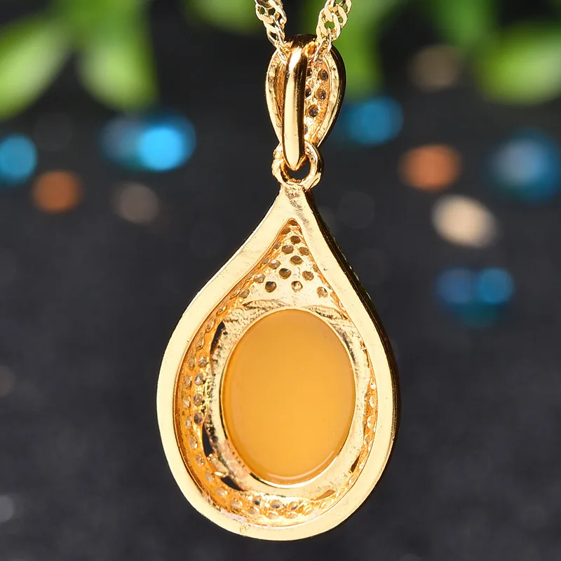 Foydjew Plated Silver Jewelry Inlaid Imitation Jade Chicken Oil Yellow Amber Beeswax Pendant Women Gemstone Chalcedony Necklaces