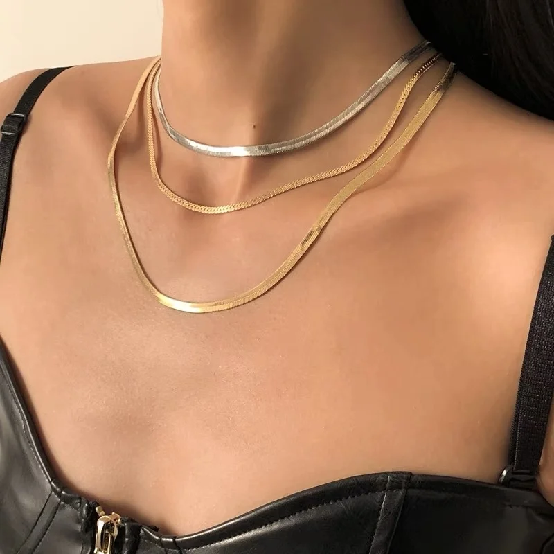 Vnox Dainty Herringbone Chain Necklaces for Women Girls, Stainless Steel Anti Allergy Metal Minimalist Flat Snake Chain Chokers