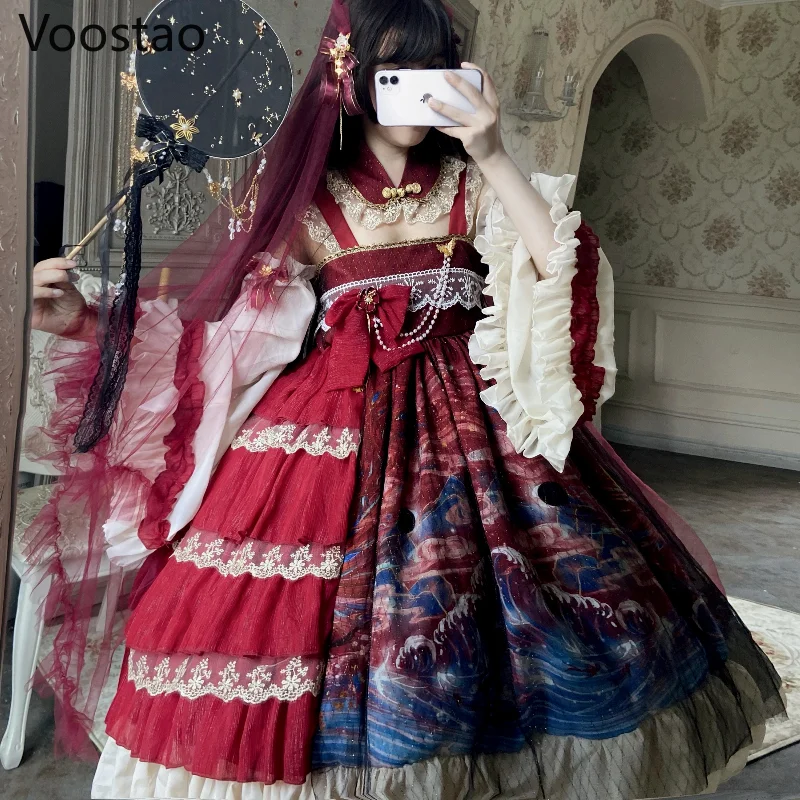 สไตล์จีน Vintage Lolita Jsk ชุดคอสเพลย์ผู้หญิง Elegant Lace Ruffles Bow Party ชุด Girly Hanfu Lolita ชุด