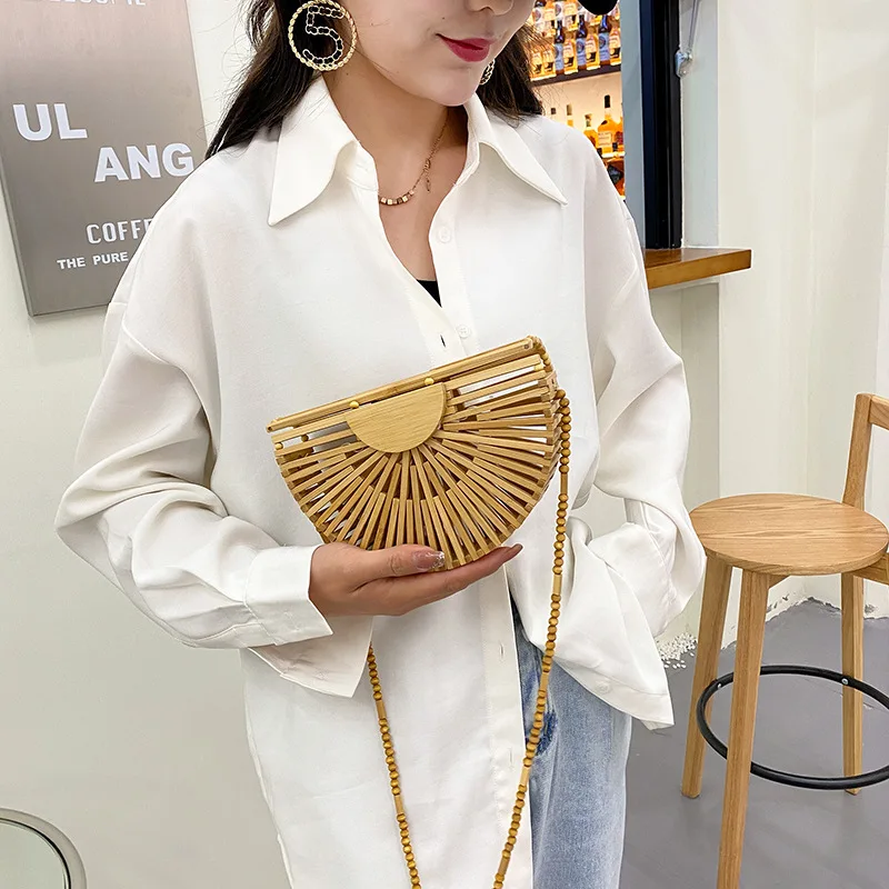 Fashion Half Moon  Bamboo Shoulder Crossbody Bags for Women Hollow Woven Summer Beach Straw Bag Rattan Small Phone Purses 2024