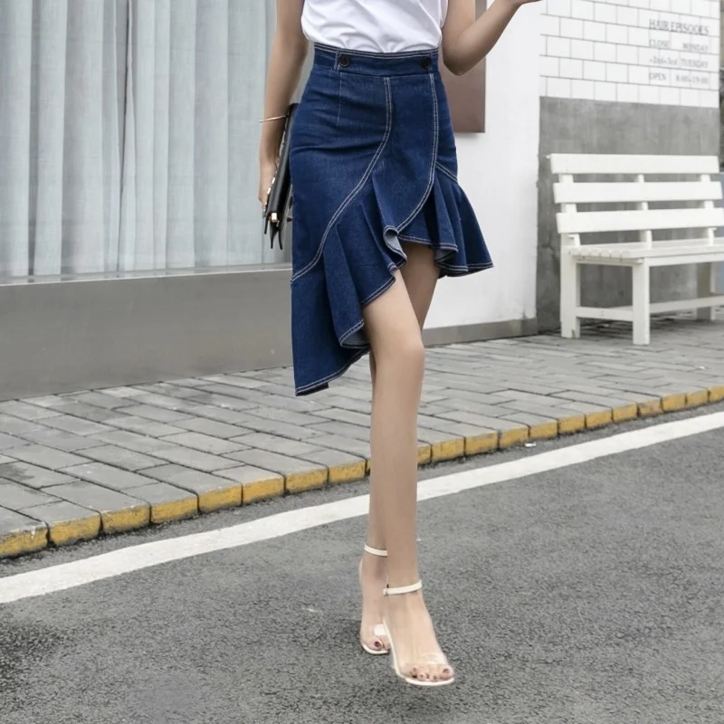 Sexy Women High Waist Irregular Mermaid Skirts New Spring Casual Ruffles Denim Skirts Ladies High Quality Fashion Clothes